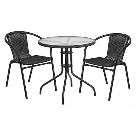 Flash Furniture Round Glass Table w/2 Blk Rattan Chrs, Rnd, 28", Aluminum, Glass, Metal, Plastic, Rattan, Clear TLH-087RD-037BK2-GG
