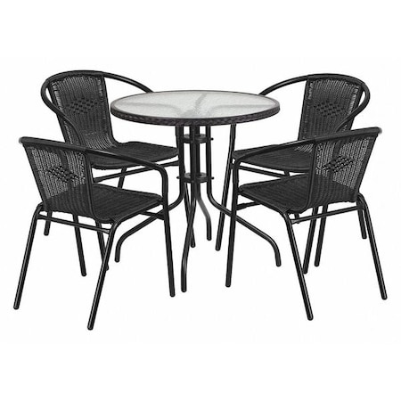 Flash Furniture Round Glass Table w/4 Blk Rattan Chrs, Rnd, 28", Aluminum, Glass, Metal, Plastic, Rattan, Clear TLH-087RD-037BK4-GG