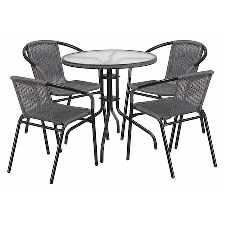 Flash Furniture Round Table Set, Aluminum, Glass, Metal, Plastic, Rattan, Clear TLH-087RD-037GY4-GG