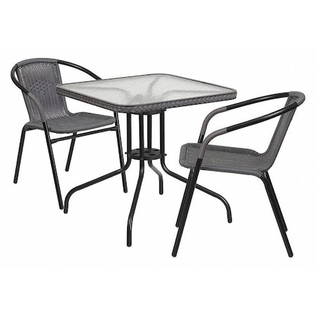 Flash Furniture Square Metal Table, Sqr w/Rattan Chairs, Gray, 28", Aluminum, Glass, Metal, Plastic, Rattan, Clear TLH-073SQ-037GY2-GG