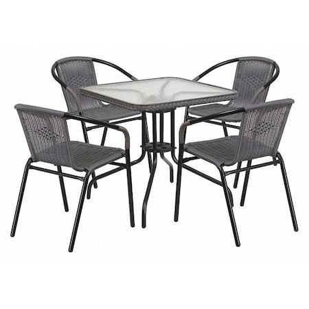Flash Furniture Square Metal Table, Sqr w/Rattan Chairs, Gray, 28", Aluminum, Glass, Metal, Plastic, Rattan, Clear TLH-073SQ-037GY4-GG