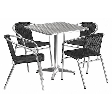 Flash Furniture Square Table Set, Aluminum, Plastic, Rattan, Stainless Steel, Grey TLH-ALUM-28SQ-020BKCHR4-GG