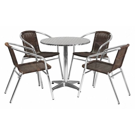 Flash Furniture Round Table Set, 27.5 W, 27.5 L, 27.5 H, Aluminum, Plastic, Rattan, Stainless Steel, Grey TLH-ALUM-28RD-020CHR4-GG