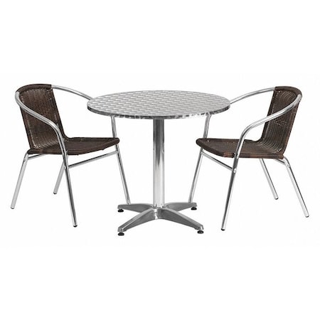 Flash Furniture Round Table Set, Aluminum, Plastic, Rattan, Stainless Steel, Grey TLH-ALUM-32RD-020CHR2-GG