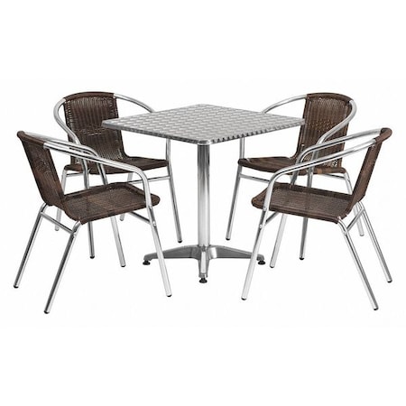 Flash Furniture Square Table Set, Aluminum, Plastic, Rattan, Stainless Steel, Grey TLH-ALUM-28SQ-020CHR4-GG