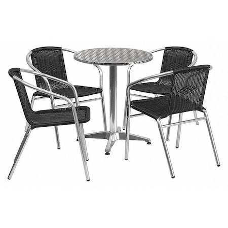Flash Furniture Round Table Set, Aluminum, Plastic, Rattan, Stainless Steel, Grey TLH-ALUM-24RD-020BKCHR4-GG