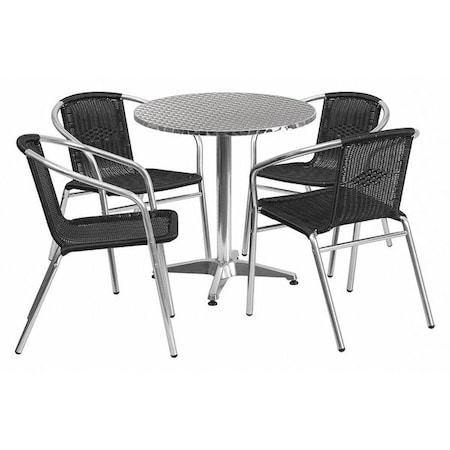 Flash Furniture Round Table Set, Aluminum, Plastic, Rattan, Stainless Steel, Grey TLH-ALUM-28RD-020BKCHR4-GG