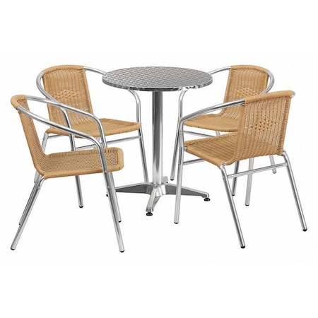 Flash Furniture Round Table Set, Aluminum, Plastic, Rattan, Stainless Steel, Grey TLH-ALUM-24RD-020BGECHR4-GG