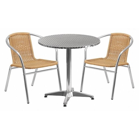Flash Furniture Round Table Set, Aluminum, Plastic, Rattan, Stainless Steel, Grey TLH-ALUM-28RD-020BGECHR2-GG