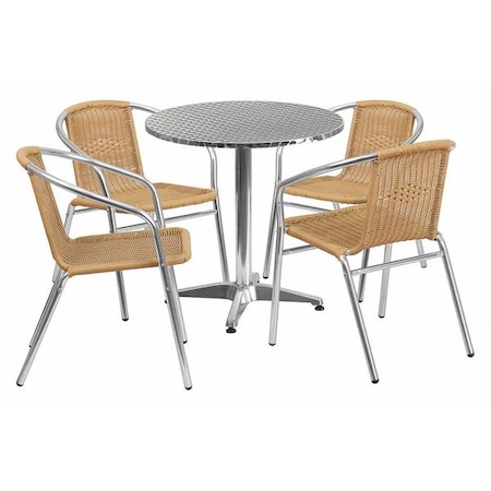 Flash Furniture Round Table Set, Aluminum, Plastic, Rattan, Stainless Steel, Grey TLH-ALUM-28RD-020BGECHR4-GG