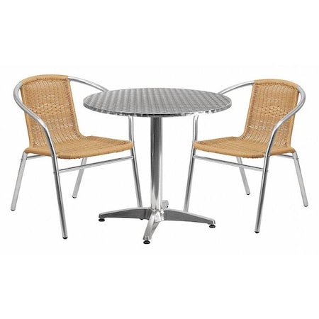 Flash Furniture Round Table Set, Aluminum, Plastic, Rattan, Stainless Steel, Grey TLH-ALUM-32RD-020BGECHR2-GG