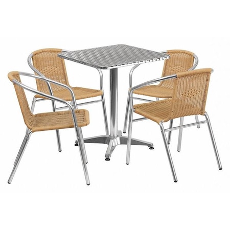 Flash Furniture Square Table Set, Aluminum, Plastic, Rattan, Stainless Steel, Grey TLH-ALUM-24SQ-020BGECHR4-GG
