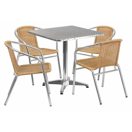 Flash Furniture Square Table Set, Aluminum, Plastic, Rattan, Stainless Steel, Grey TLH-ALUM-28SQ-020BGECHR4-GG