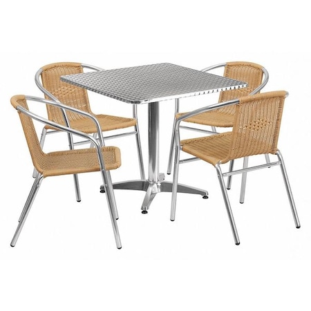 Flash Furniture Square Table Set, Aluminum, Plastic, Rattan, Stainless Steel, Grey TLH-ALUM-32SQ-020BGECHR4-GG