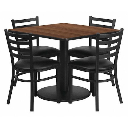 Flash Furniture Square Walnut Table, Blk Seat, Sqr, Rnd Base, 36", Laminate Top, Wood Grain RSRB1016-GG