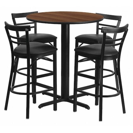 Flash Furniture Round Walnut Bar Table, X-Base w/Blk Seats, 24", 24" L, 24" W, 42" H, Laminate Top, Wood Grain HDBF1036-GG