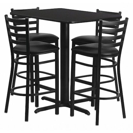 Flash Furniture Rectangle Blk Bar Table, Rectngl w/X-Base, Blk Seats, 42" L, 24" W, 42" H, Laminate Top, Wood Grain HDBF1017-GG