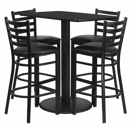 Flash Furniture Rectangle Blk Bar Table, Rctngl w/Rnd Base, Blk Seat, Laminate Top, Wood Grain RSRB1017-GG