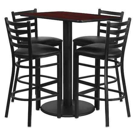 Flash Furniture Rectangle Mah Bar Table, Rctngl w/Rnd Base, Blk Seat, Laminate Top, Wood Grain RSRB1018-GG