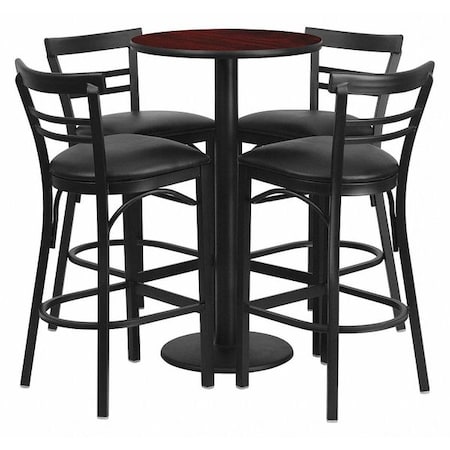 Flash Furniture Round Mahgany Bar Table, Rnd Base, Blk Seats, 24", 24" L, 24" W, 42" H, Laminate Top, Wood Grain RSRB1034-GG