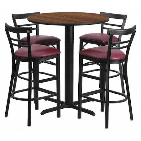 Flash Furniture Round Walnut Bar Table, X-Base w/Burg Seats, 24", 24" L, 24" W, 42" H, Laminate Top, Wood Grain HDBF1040-GG