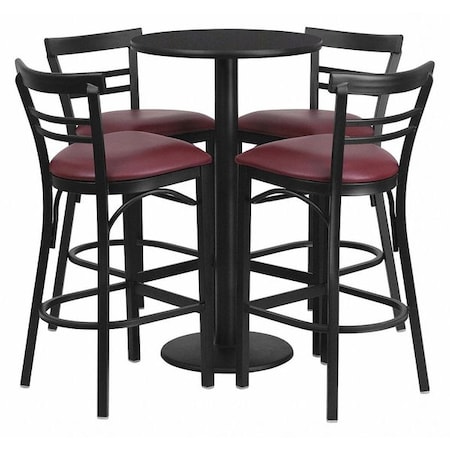 Flash Furniture Round Blk Bar Table, X-Base, Burgundy Seats, 24", Laminate Top, Wood Grain RSRB1037-GG