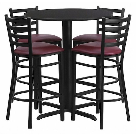 Flash Furniture Round Black Bar Table, X-Base w/Burgundy Seats, Laminate Top, Wood Grain HDBF1025-GG