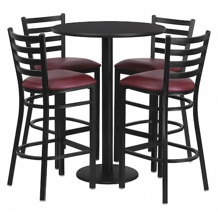 Flash Furniture Round Blk Bar Table, Rnd Base w/Burg Seats, 30", Laminate Top, Wood Grain RSRB1025-GG