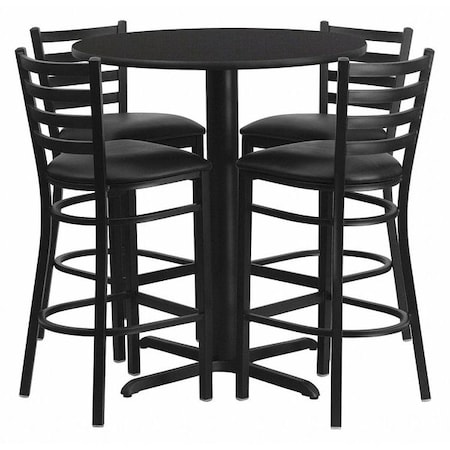 Flash Furniture Round Black Bar Table, X-Base w/Black Seats, Laminate Top, Wood Grain HDBF1021-GG