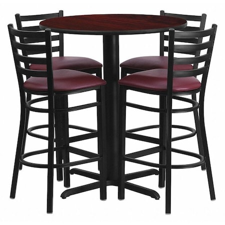 Flash Furniture Round Mahgny Bar Table, X-Base w/Burg Seats, 30", 30" L, 30" W, 42" H, Laminate Top, Wood Grain HDBF1026-GG