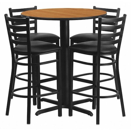 Flash Furniture Round Natural Bar Table, X-Base w/Black Seats, 30" L, 30" W, 42" H, Laminate Top, Wood Grain HDBF1023-GG
