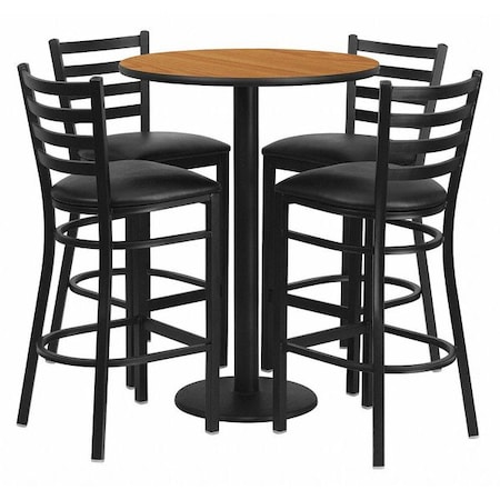 Flash Furniture Round Natural Bar Table, X-Base w/Black Seats, Laminate Top, Wood Grain RSRB1023-GG