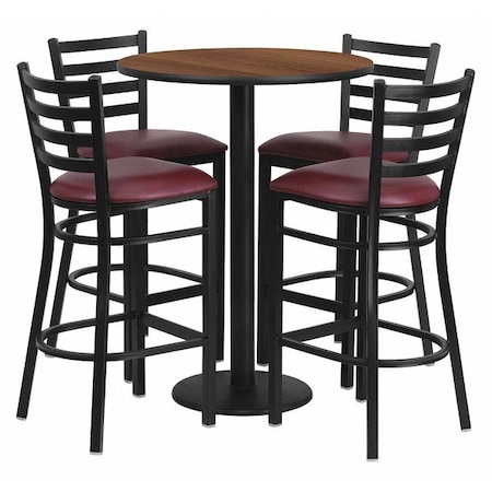 Flash Furniture Round Walnut Bar Table, X-Base w/Burgndy Seats, Laminate Top, Wood Grain RSRB1028-GG
