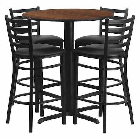 Flash Furniture Round Walnut Bar Table, X-Base w/Blk Seats, 30", 30" L, 30" W, 42" H, Laminate Top, Wood Grain HDBF1024-GG