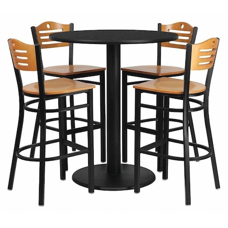 Flash Furniture Round Blk Bar Table, Rnd w/Natural Seats, 36", 36" L, 36" W, 42" H, Laminate Top, Wood Grain MD-0020-GG