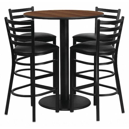 Flash Furniture Round Walnut Bar Table, Round w/Black Seats, 36", 36" L, 36" W, 42" H, Laminate Top, Wood Grain MD-0011-GG