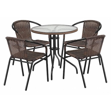 Flash Furniture Round Table Set, Aluminum, Glass, Metal, Plastic, Rattan, Clear TLH-087RD-037BN4-GG