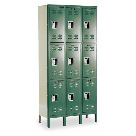 Hallowell Wardrobe Locker, 36" W, 18" D, 78" H, (3) Wide, (9) Openings, Green and Parchment U3288-3GM
