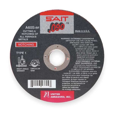 United Abrasives/Sait Abrasive Cut-Off Wheel, Type 1, 7 in Dia, 0.09 in Thick, 5/8 in Arbor Hole Size, Aluminum Oxide 23807