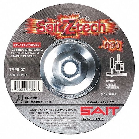 United Abrasives/Sait Depressed Center Cut-Off Wheel, Type 27, 4 1/2 in Dia, 0.09 in Thick, 5/8"-11 Arbor Hole Size 20953