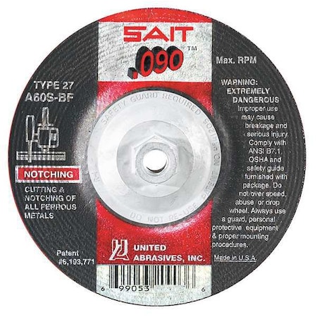 United Abrasives/Sait Depressed Center Cut-Off Wheel, Type 27, 9 in Dia, 0.09 in Thick, 5/8"-11 Arbor Hole Size, 60 Grit 20919