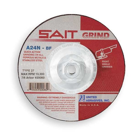 United Abrasives/Sait Depressed Center Grinding Wheel, Type 27, 5 in Dia, 0.25 in Thick, 5/8"-11 Arbor Hole Size, 24 Grit 20170