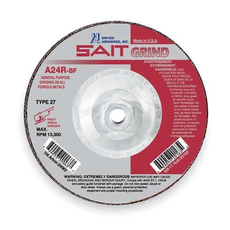 United Abrasives/Sait Depressed Center Grinding Wheel, Type 27, 7 in Dia, 0.25 in Thick, 5/8"-11 Arbor Hole Size, 24 Grit 20086