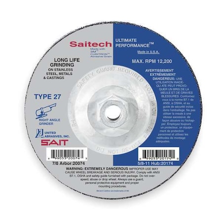 United Abrasives/Sait Depressed Center Grinding Wheel, Type 27, 9 in Dia, 0.25 in Thick, 5/8"-11 Arbor Hole Size, Ceramic 20099