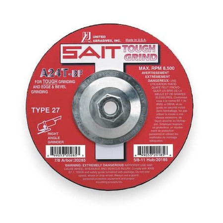 United Abrasives/Sait Depressed Center Grinding Wheel, Type 27, 4 1/2 in Dia, 0.25 in Thick, 5/8"-11 Arbor Hole Size 20165