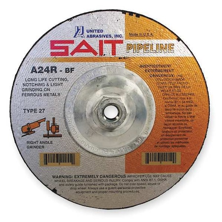 United Abrasives/Sait Cut-Off & Grinding Wheel, Type 27, 4 1/2 in Dia, 0.125 in Thick, 5/8"-11 Arbor Hole Size, 24 Grit 22130