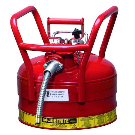 Justrite Type II Safety Can, AccuFlow(TM), 2.5 gal, 1 in Metal Hose, Roll Bars, DOT, Red, Flammables 7325130