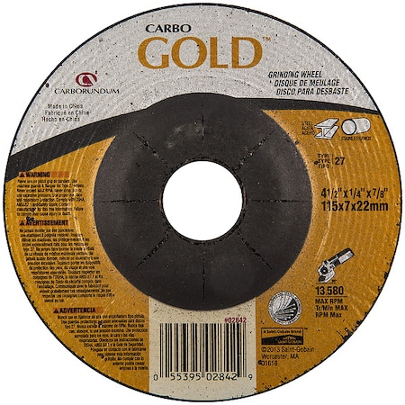 Zoro Select Depressed Center Grinding Wheel, Type 27, 4 1/2 in Dia, 0.25 in Thick, 7/8 in Arbor Hole Size 66252850554