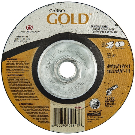 Zoro Select Depressed Center Grinding Wheel, Type 27, 4 1/2 in Dia, 0.25 in Thick, 5/8"-11 Arbor Hole Size 05539502843