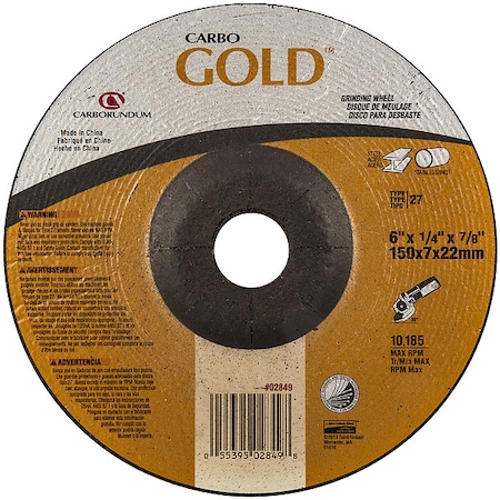 Zoro Select Depressed Center Grinding Wheel, Type 27, 6 in Dia, 0.25 in Thick, 7/8 in Arbor Hole Size, 24 Grit 05539502849